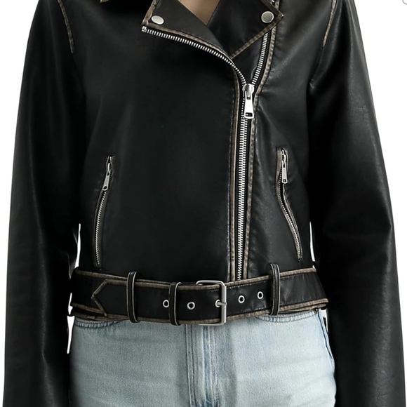 S P Y M Womens Worn Effect Faux Leather Jacket, Faded Moto Biker Coat with Belt - Picture 8 of 10